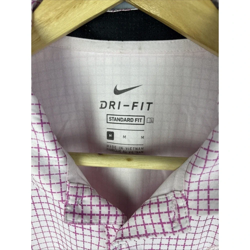 Nike Dri Fit Polo Size Medium Pink Gingham Check‎ Standard Fit Golf Tennis